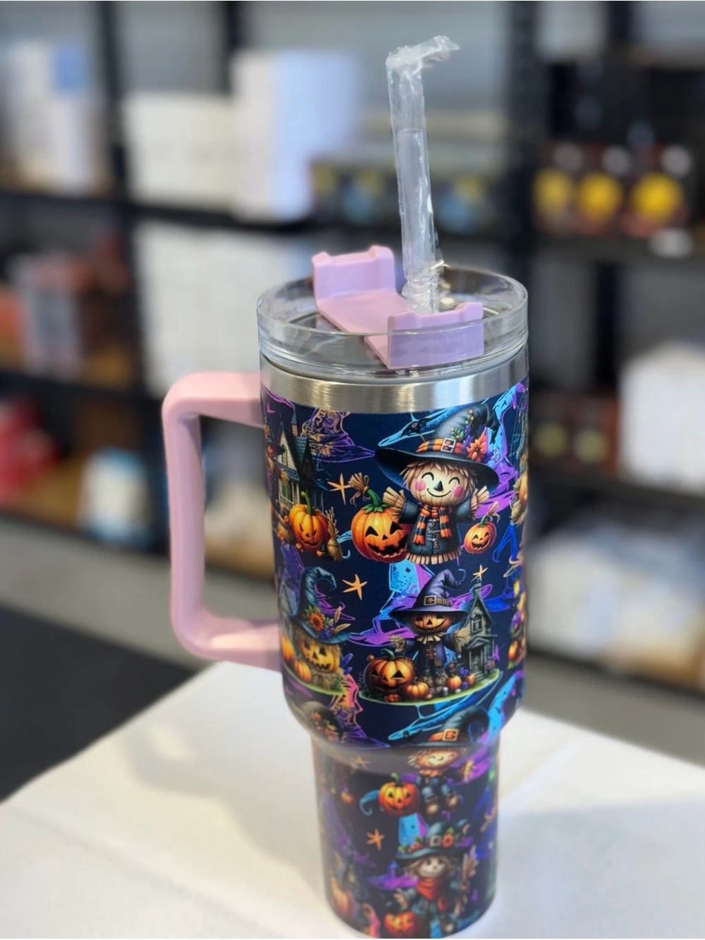 40 oz Lavender Handle Halloween Pumpkin Travel Tumbler with Straw new in box